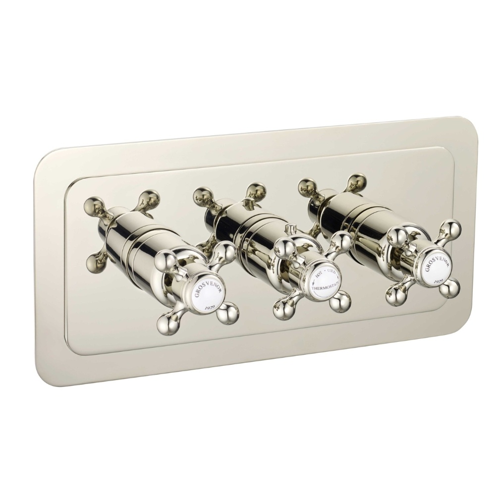 JTP Grosvenor Cross Nickel 3 Handle 3 Outlet Horizontal Thermostatic Shower Valve Cut Out